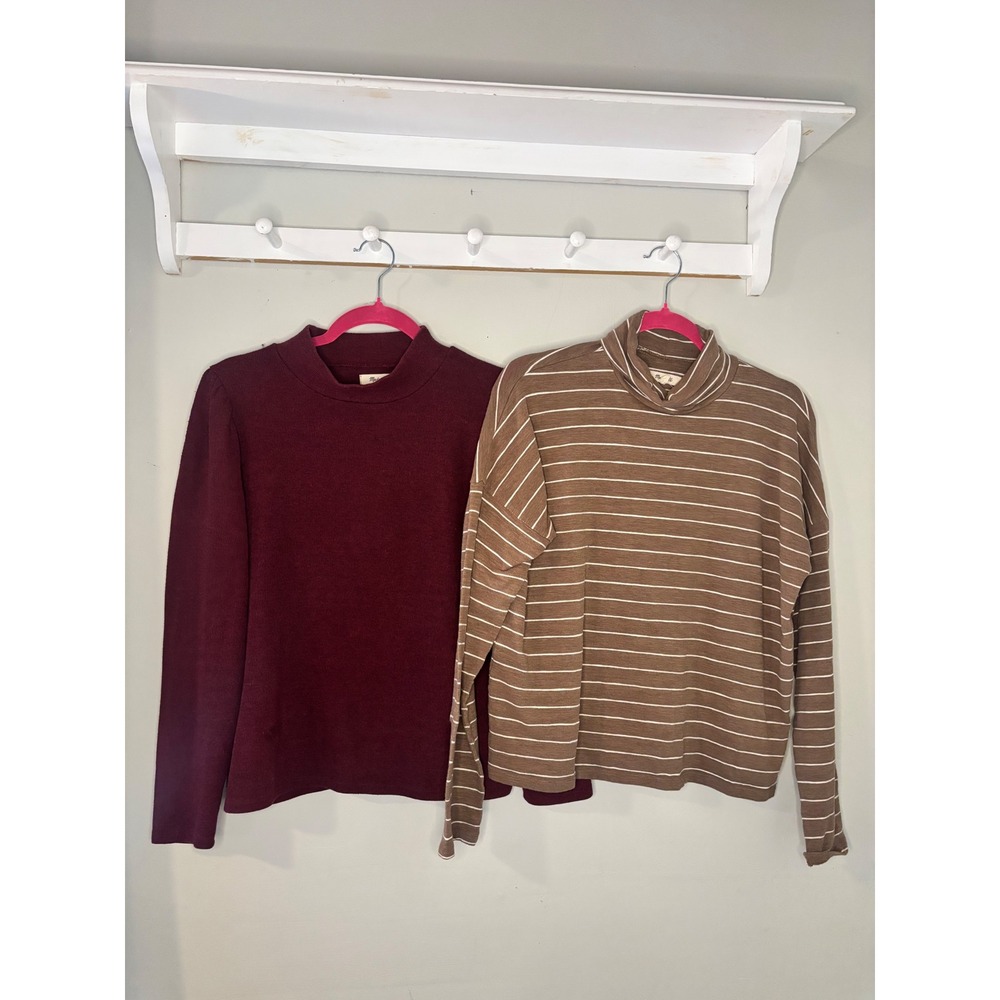 Madewell Womens Medium Mockneck Top and Striped Turtleneck Bundle Burgundy Brown
